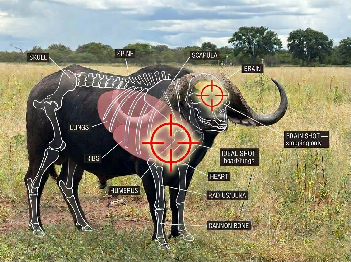 Cape buffalo vitals diagram showing lungs, heart, liver, shoulder bone and optimal shot placement