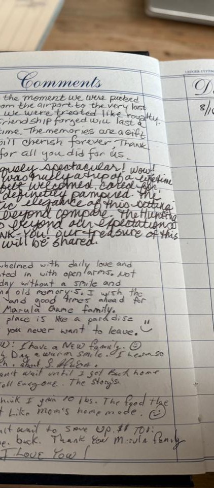 Comments from the Marula Game visitors' book