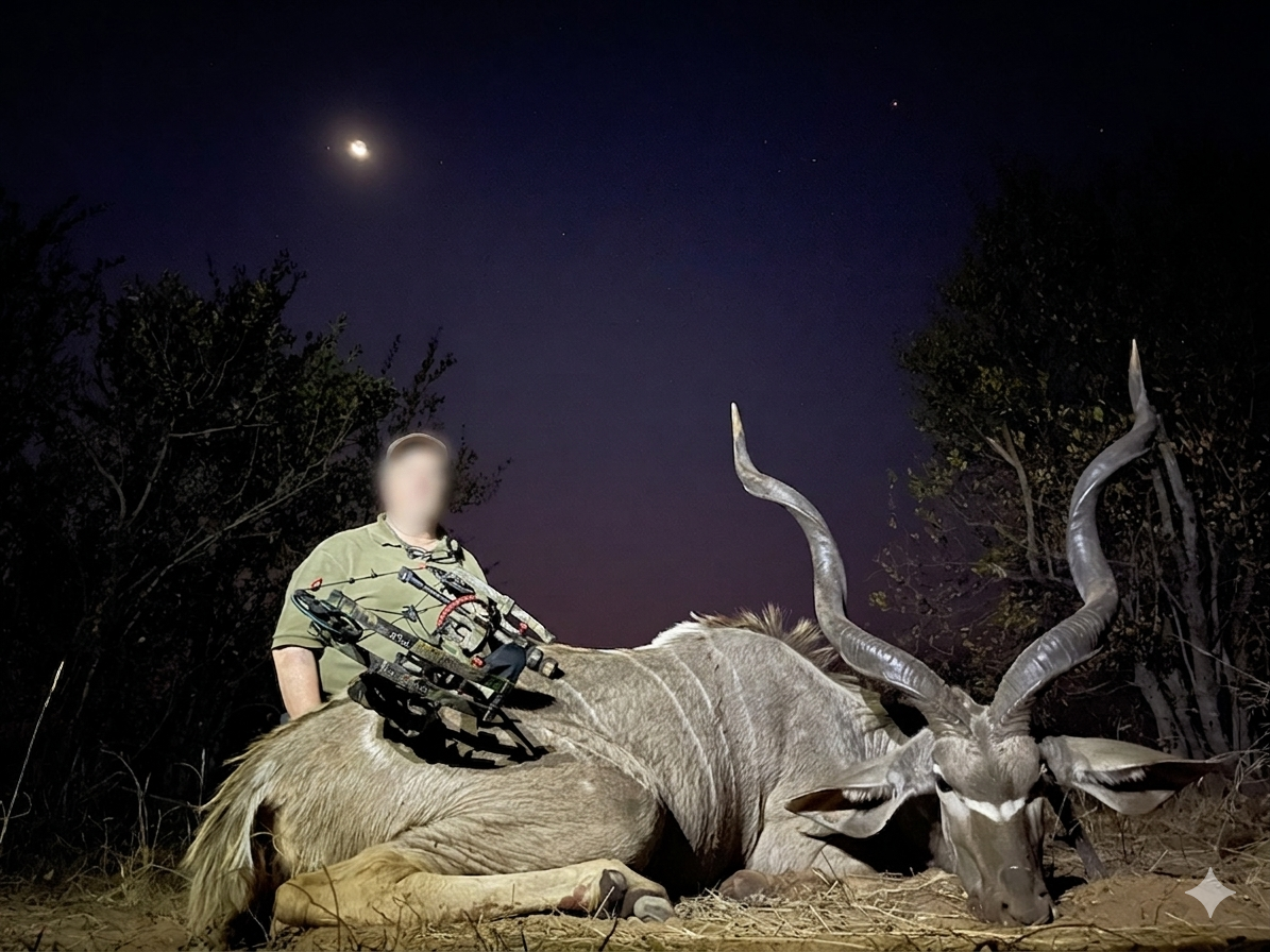 Greater kudu bull trophy photographed at night under the moonlight