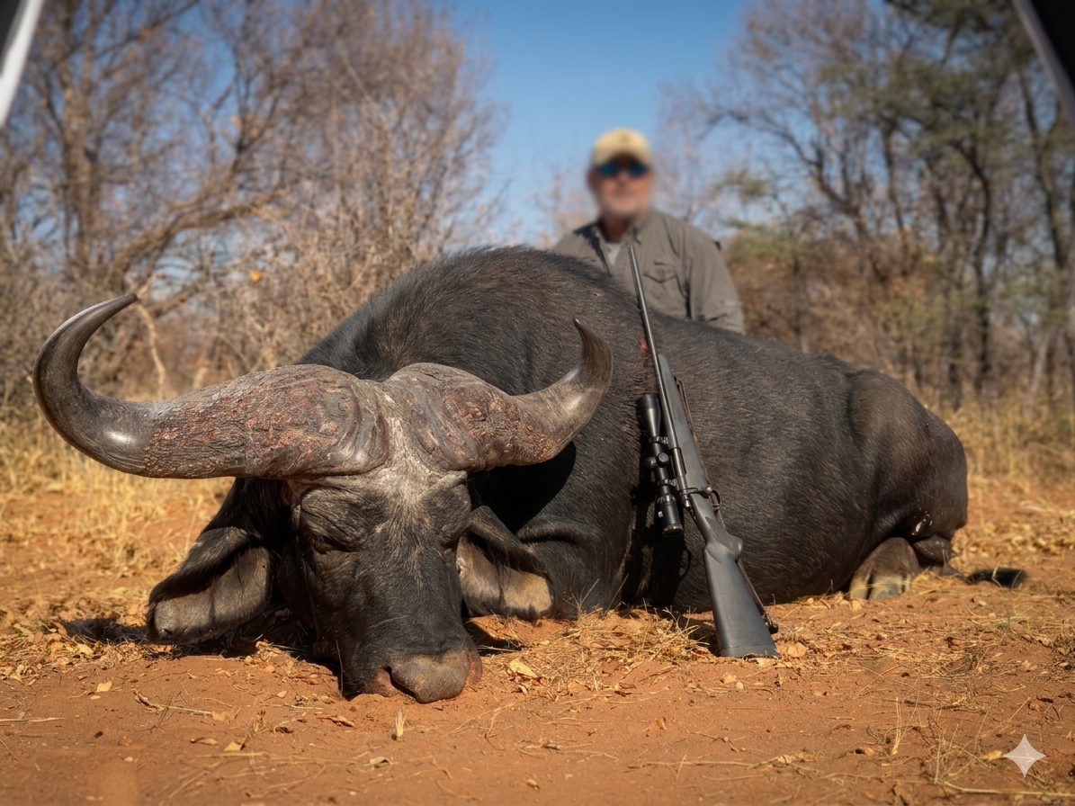 Cape buffalo bull with rifle displayed beside the trophy in dry Bushveld