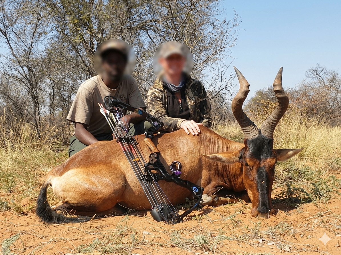 Red hartebeest trophy in the Bushveld with bow hunting setup